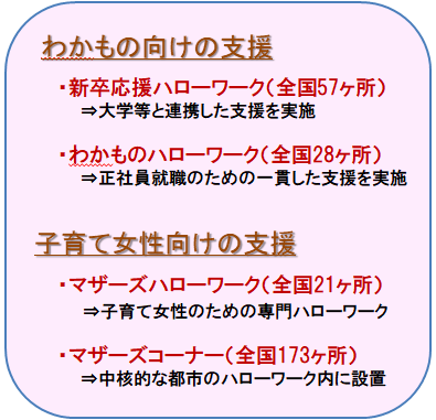 若者向け支援、子育て女性向けの支援